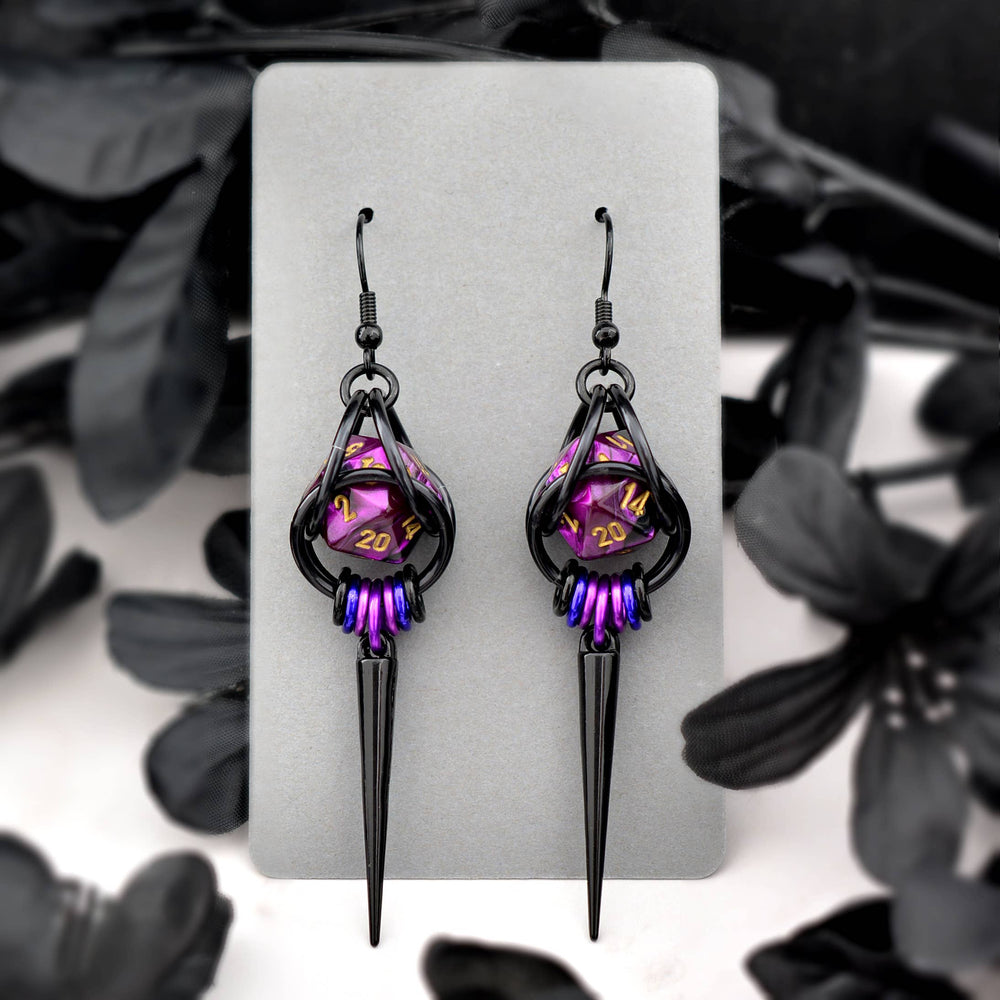 Chainmaille D20 Earrings - Purple Goth Spike