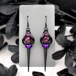 Chainmaille D20 Earrings - Purple Goth Spike