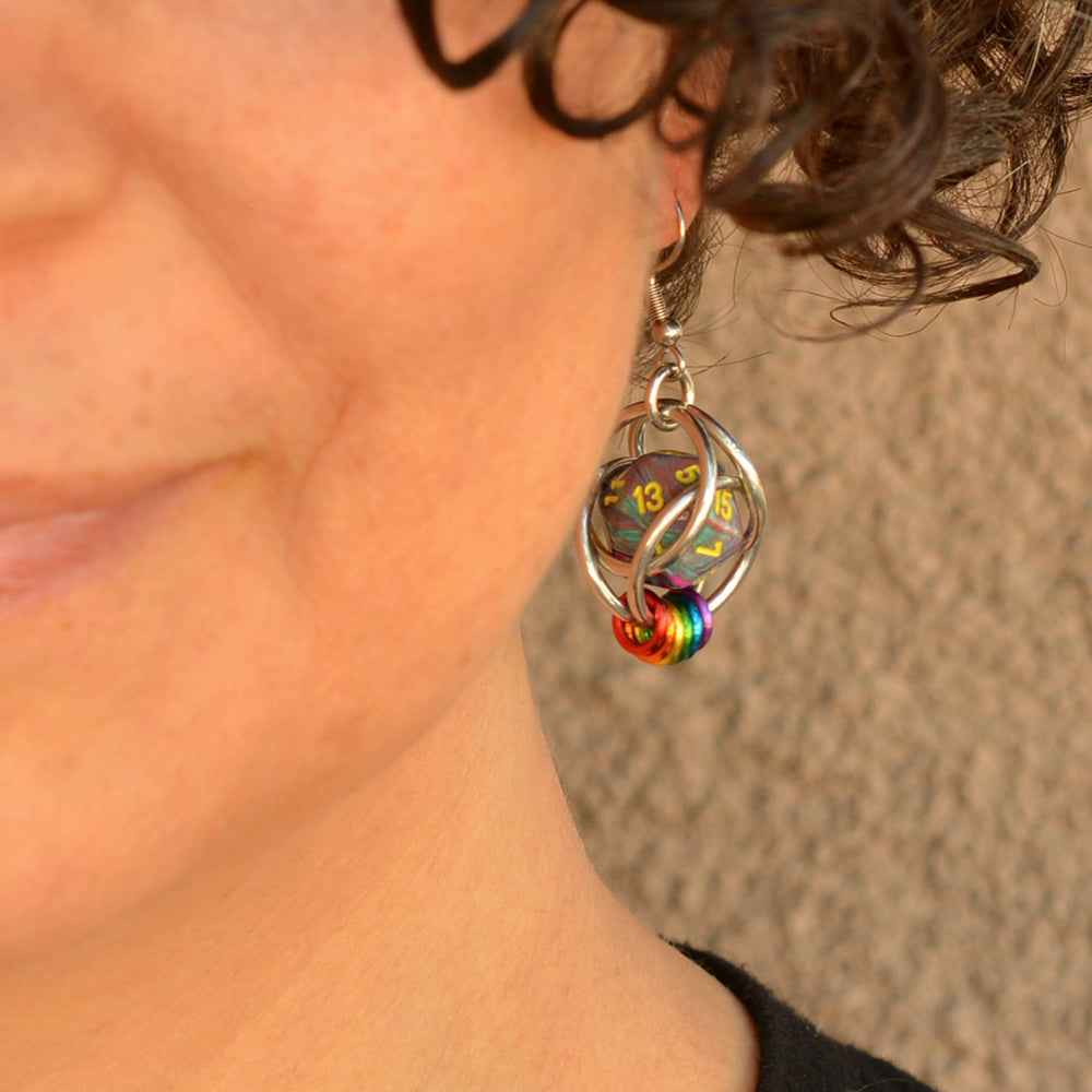 Chainmaille D20 Earrings - Rainbow Pride