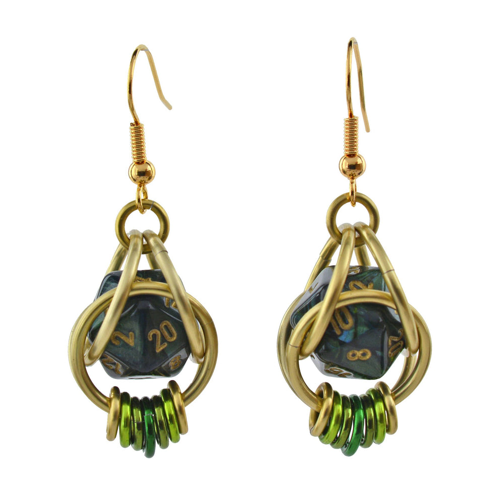 Chainmaille D20 Earrings - Forest Green Gold