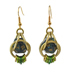 Chainmaille D20 Earrings - Forest Green Gold