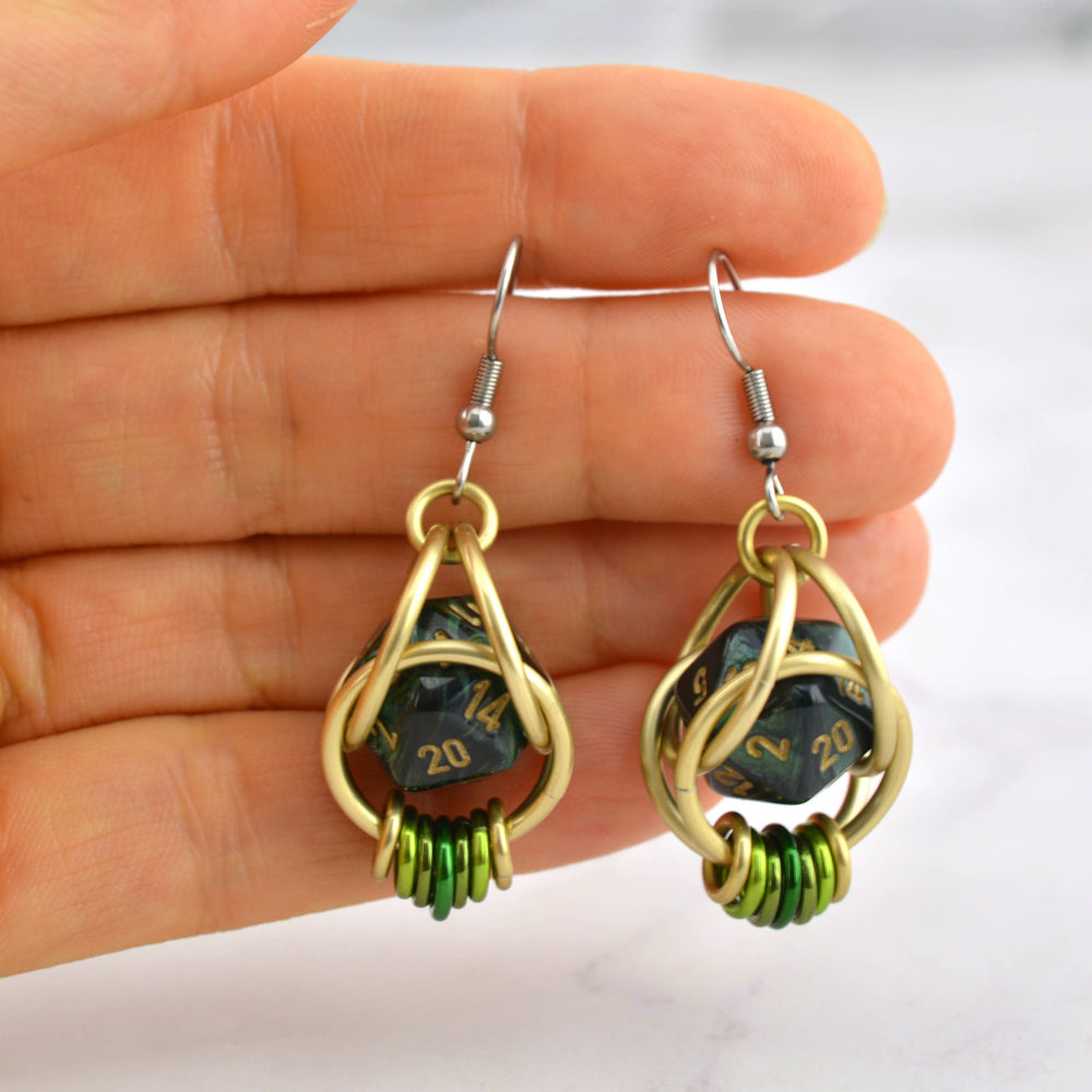 Chainmaille D20 Earrings - Forest Green Gold