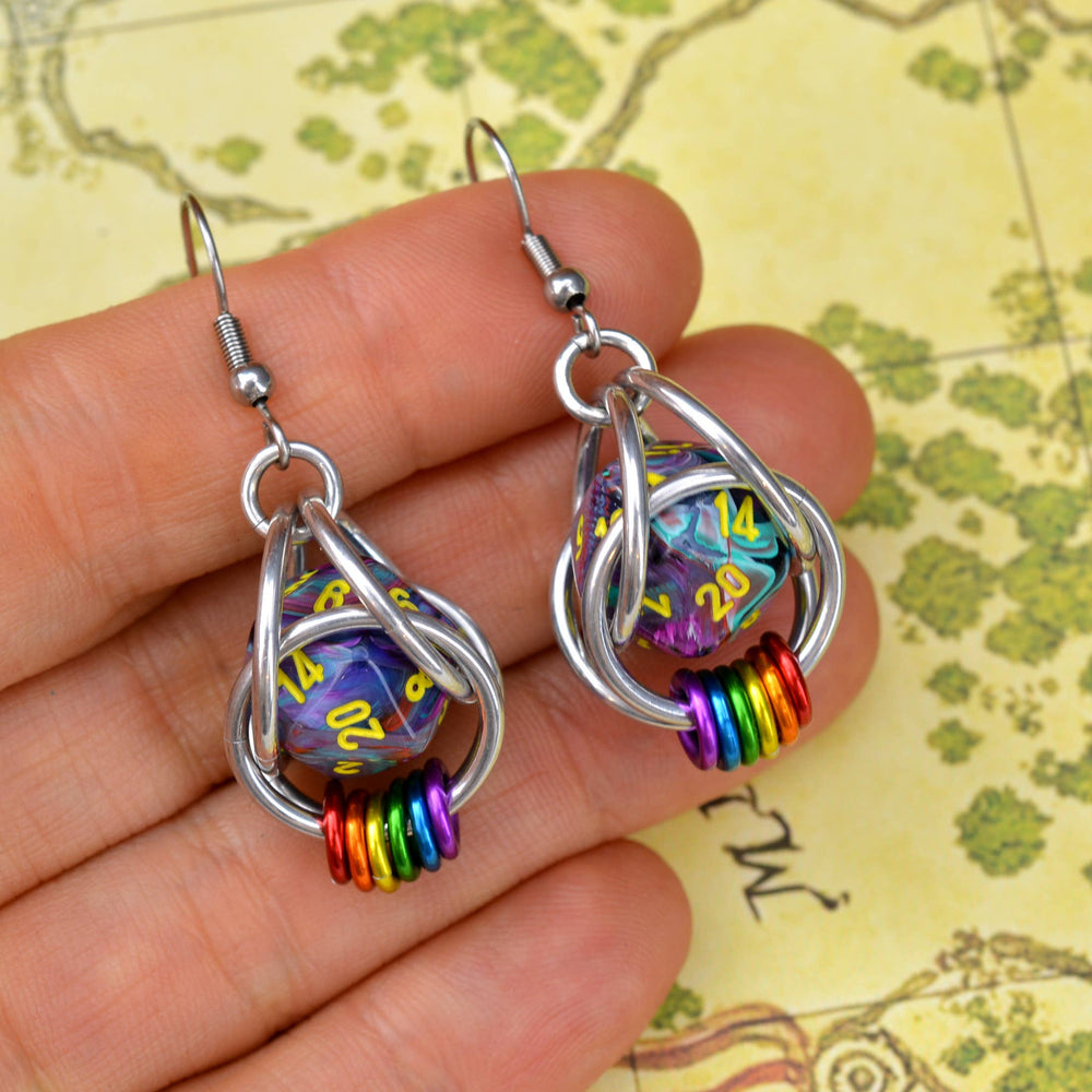 Chainmaille D20 Earrings - Rainbow Pride