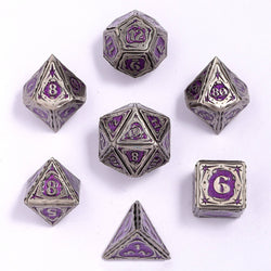 Metal RPG Dice Set - Ancient Silver w/Purple Glitter