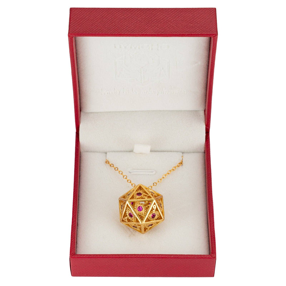 Dragon's Eye D20 Necklace - Gold with Ruby Gems