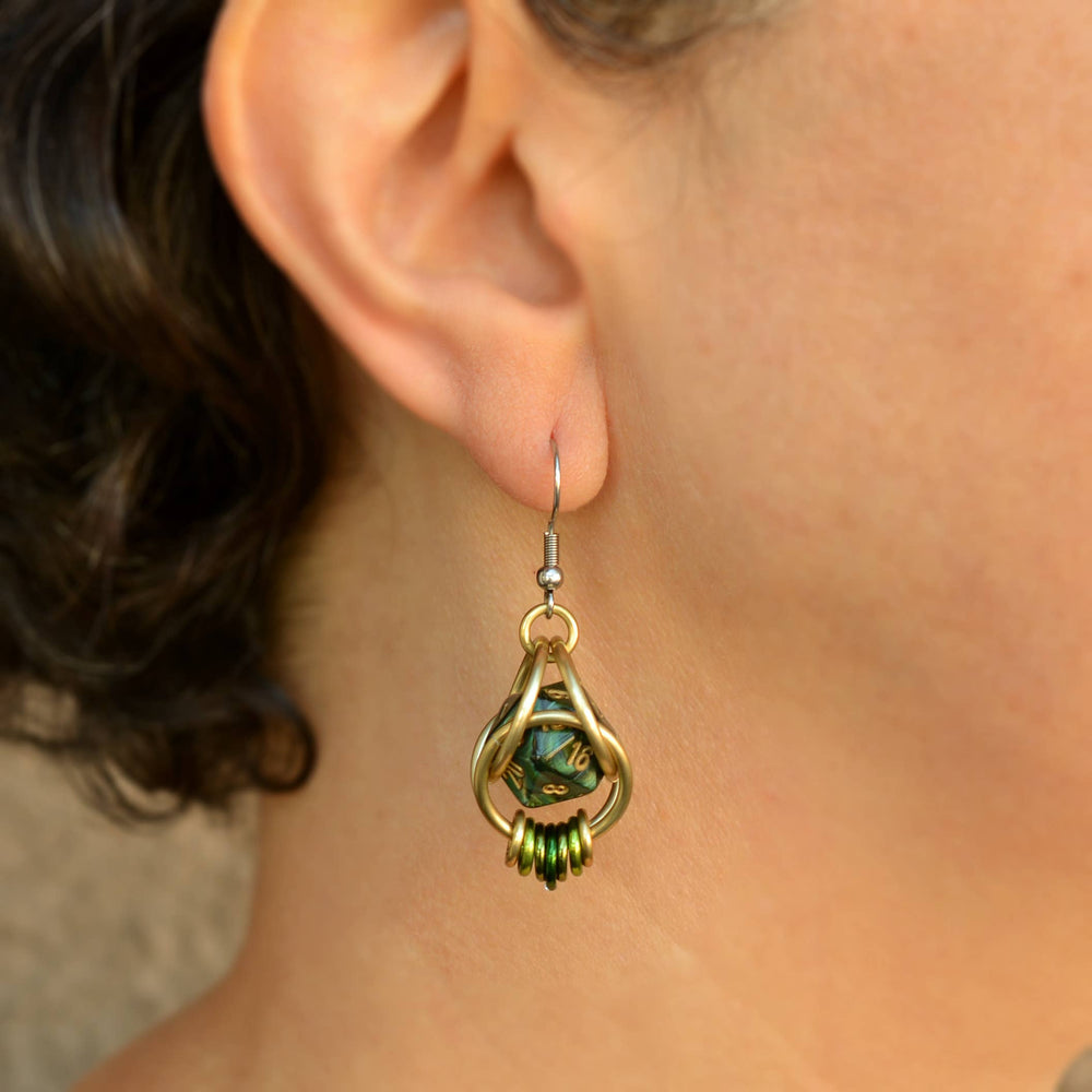 Chainmaille D20 Earrings - Forest Green Gold