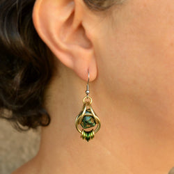Chainmaille D20 Earrings - Forest Green Gold