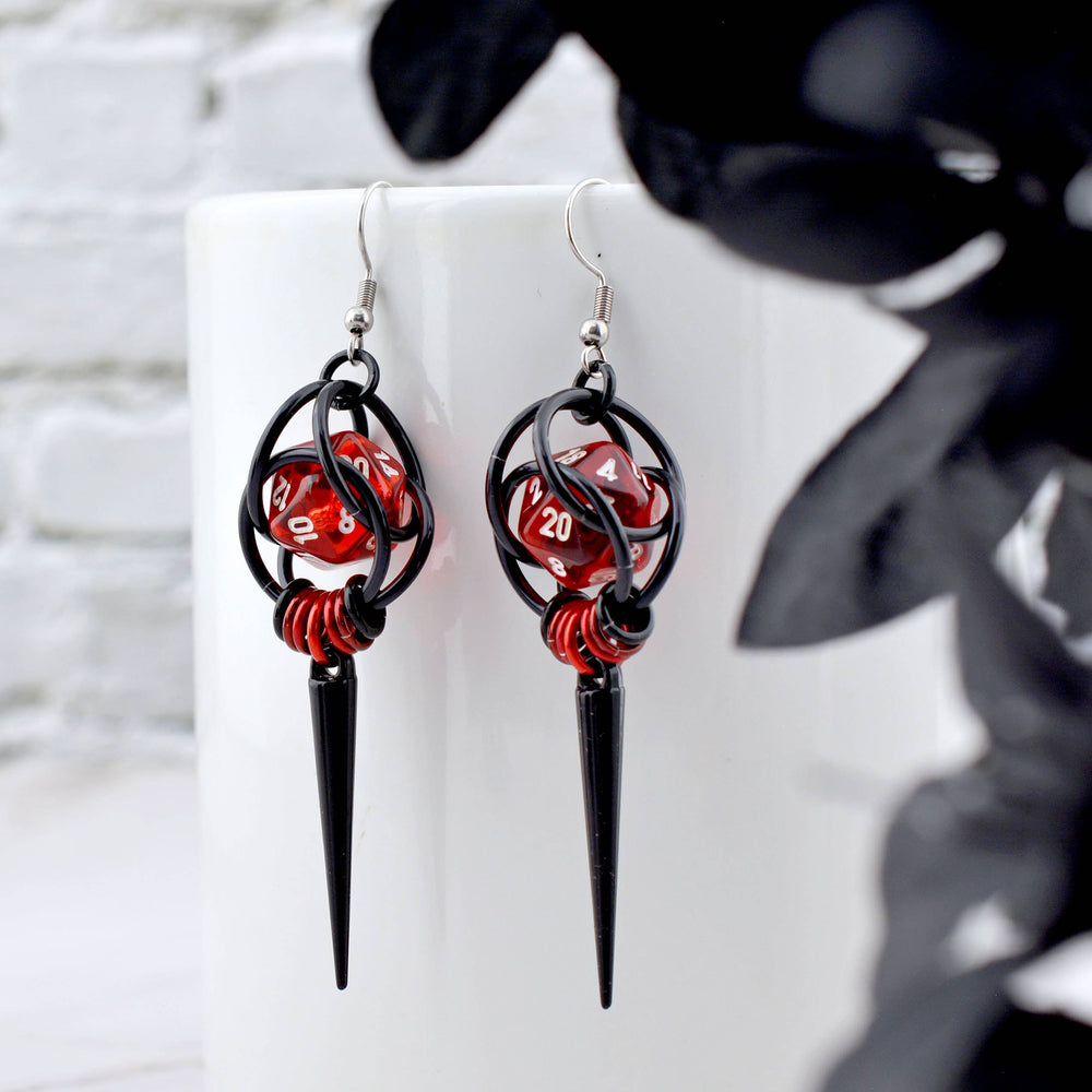 Chainmaille D20 Earrings - Red & Black Spike
