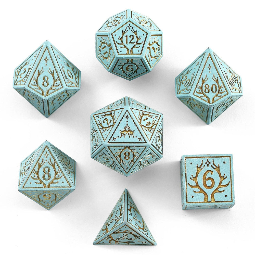 Metal RPG Dice Set - Druid Pale Cyan & Gold