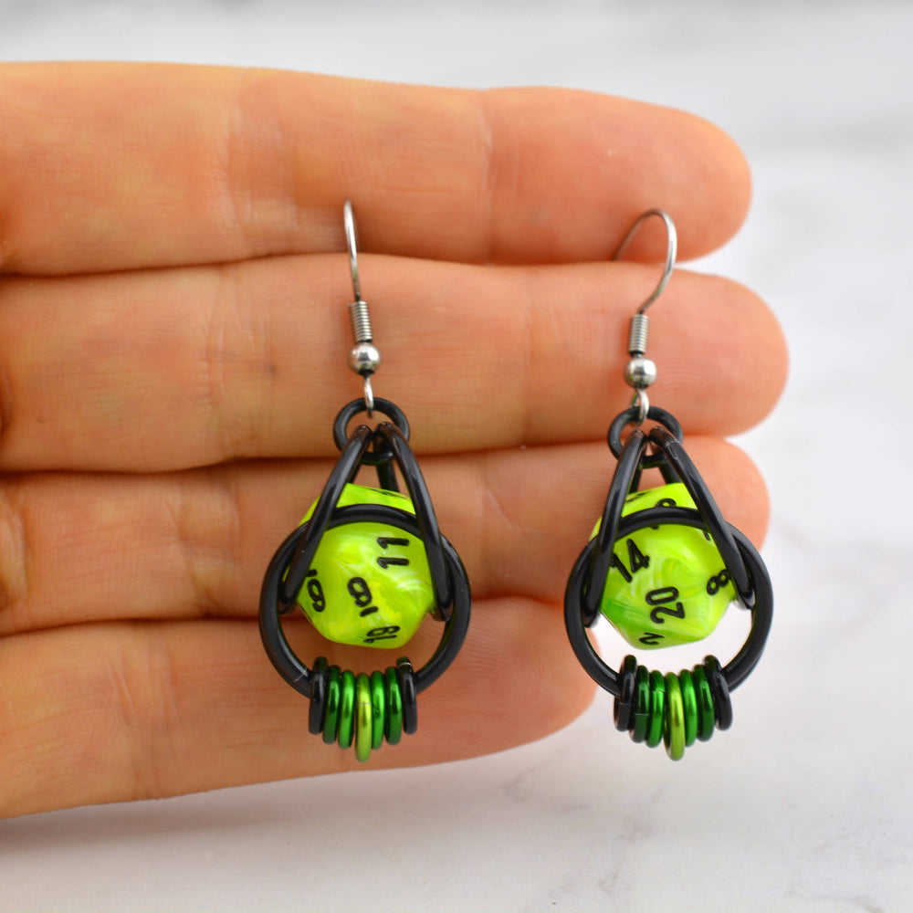 Chainmaille D20 Earrings - Neon Green Black