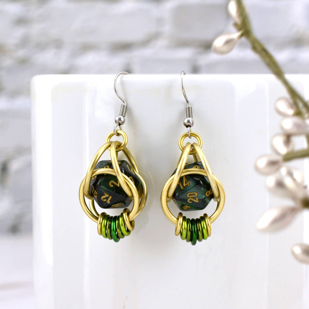 Chainmaille D20 Earrings - Forest Green Gold