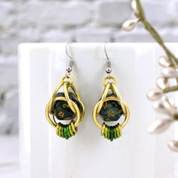 Chainmaille D20 Earrings - Forest Green Gold