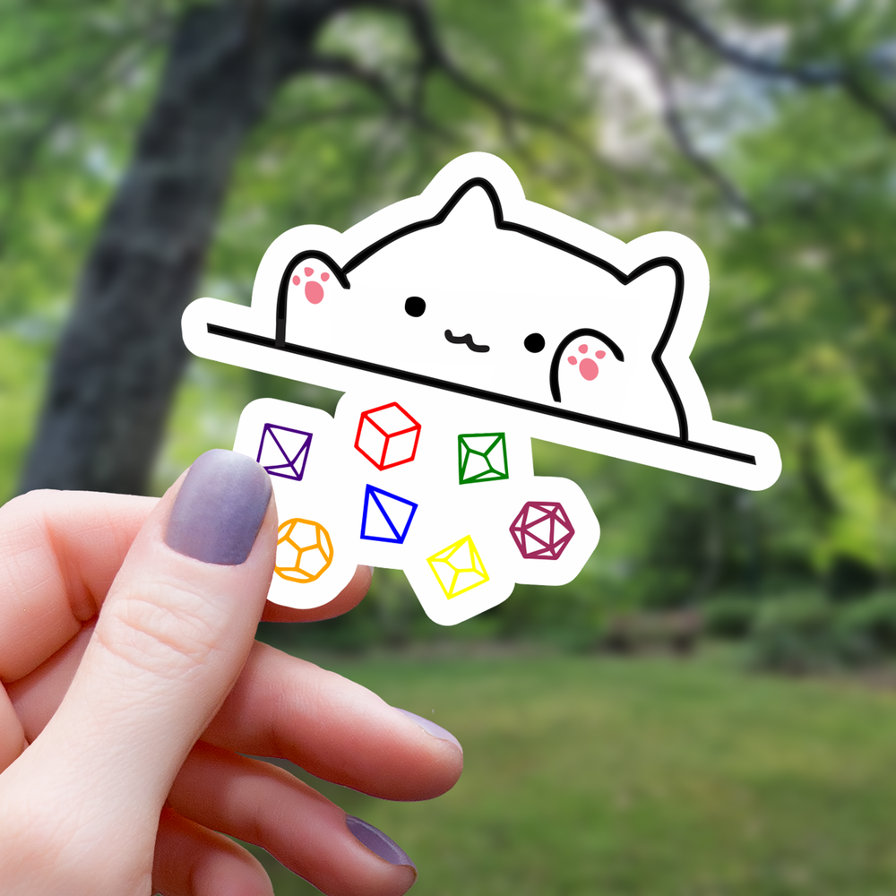 Vinyl Sticker - White Cat Throwing Polyhedral Dice