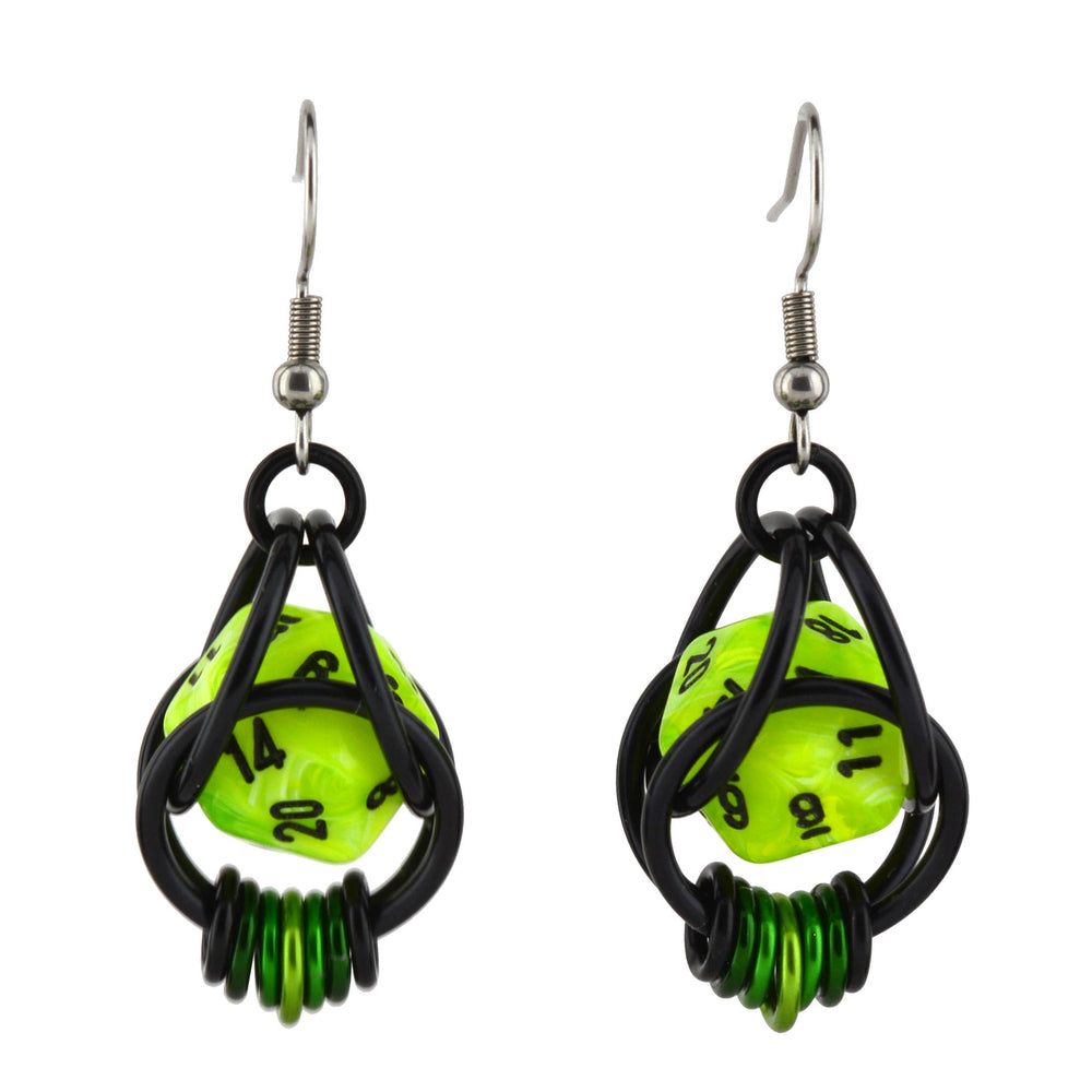 Chainmaille D20 Earrings - Neon Green Black