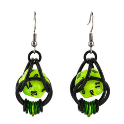 Chainmaille D20 Earrings - Neon Green Black