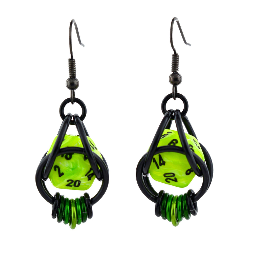 Chainmaille D20 Earrings - Neon Green Black