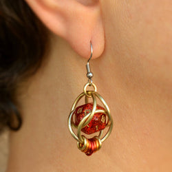 Chainmaille D20 Earrings - Red Glitter Gold