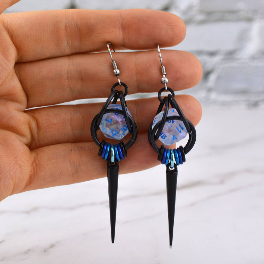 Chainmaille D20 Earrings - Black Gunmetal Spike