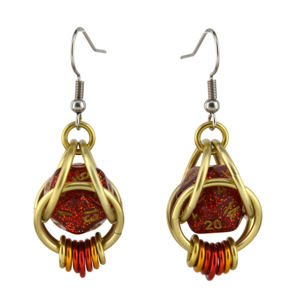 Chainmaille D20 Earrings - Red Glitter Gold