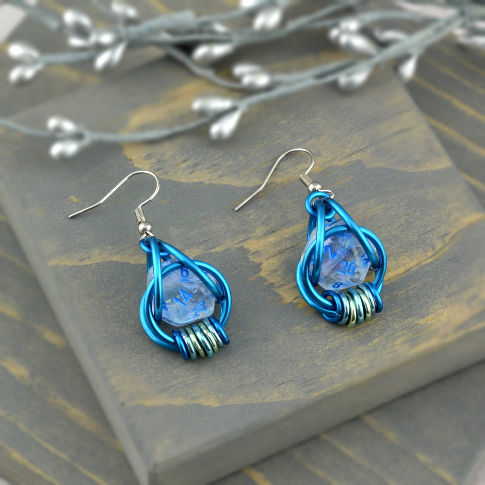 Chainmaille D20 Earrings - Clear Blue Shimmer