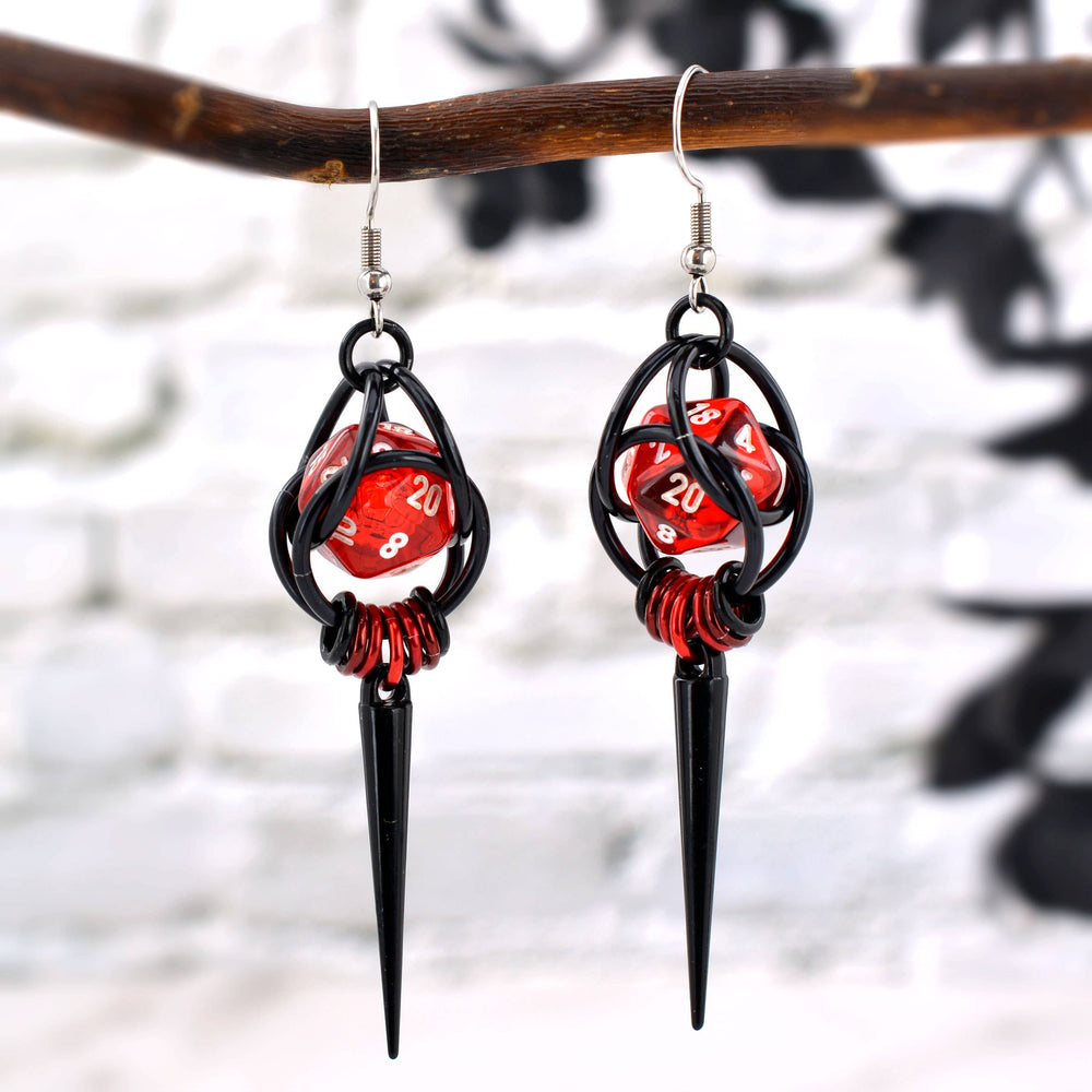 Chainmaille D20 Earrings - Red & Black Spike