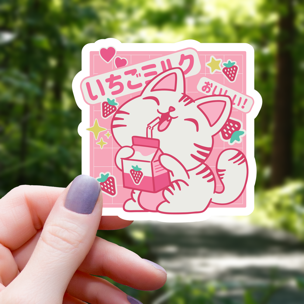 Vinyl Sticker - Strawberry Milk Drinking Cat