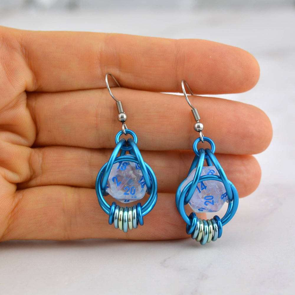 Chainmaille D20 Earrings - Clear Blue Shimmer