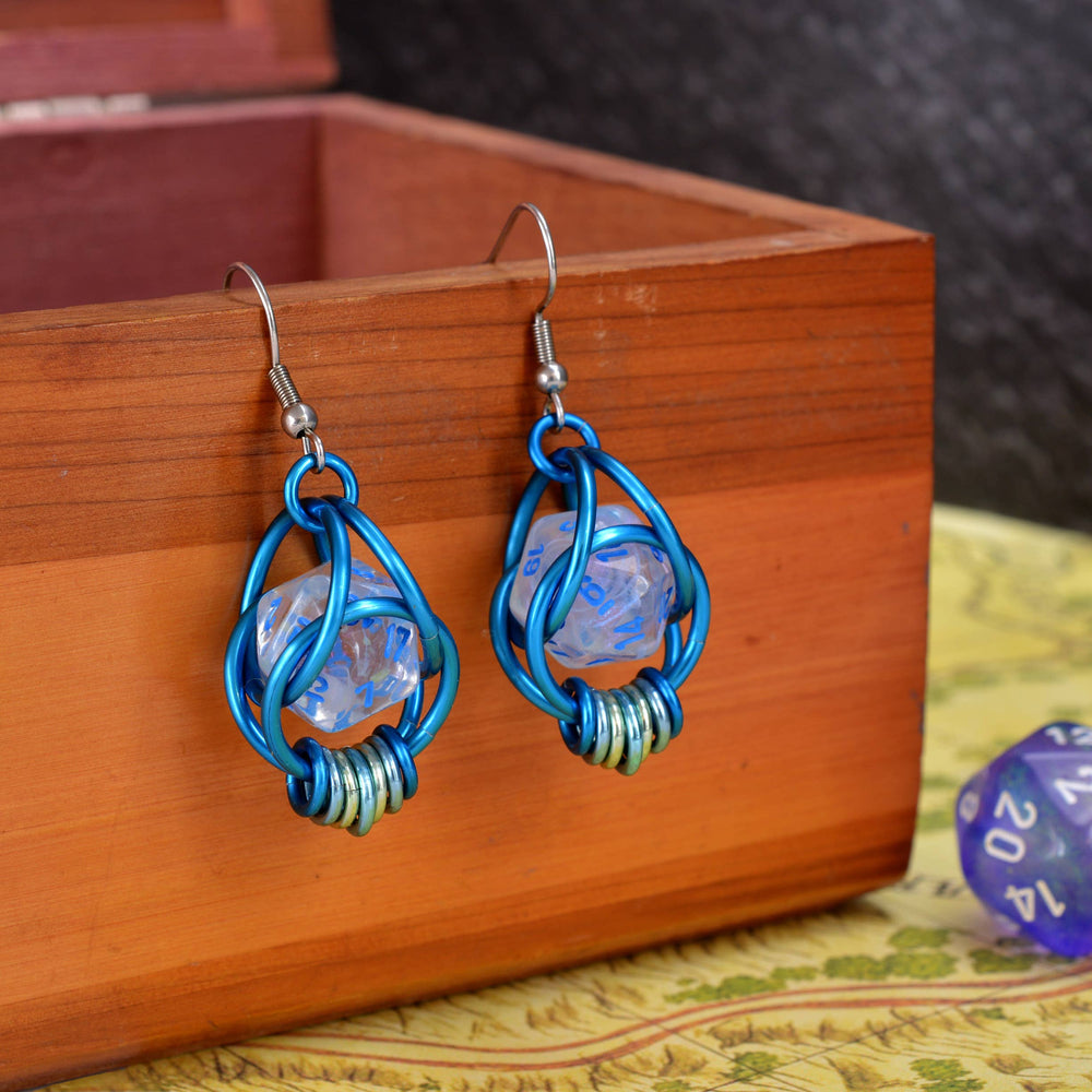 Chainmaille D20 Earrings - Clear Blue Shimmer