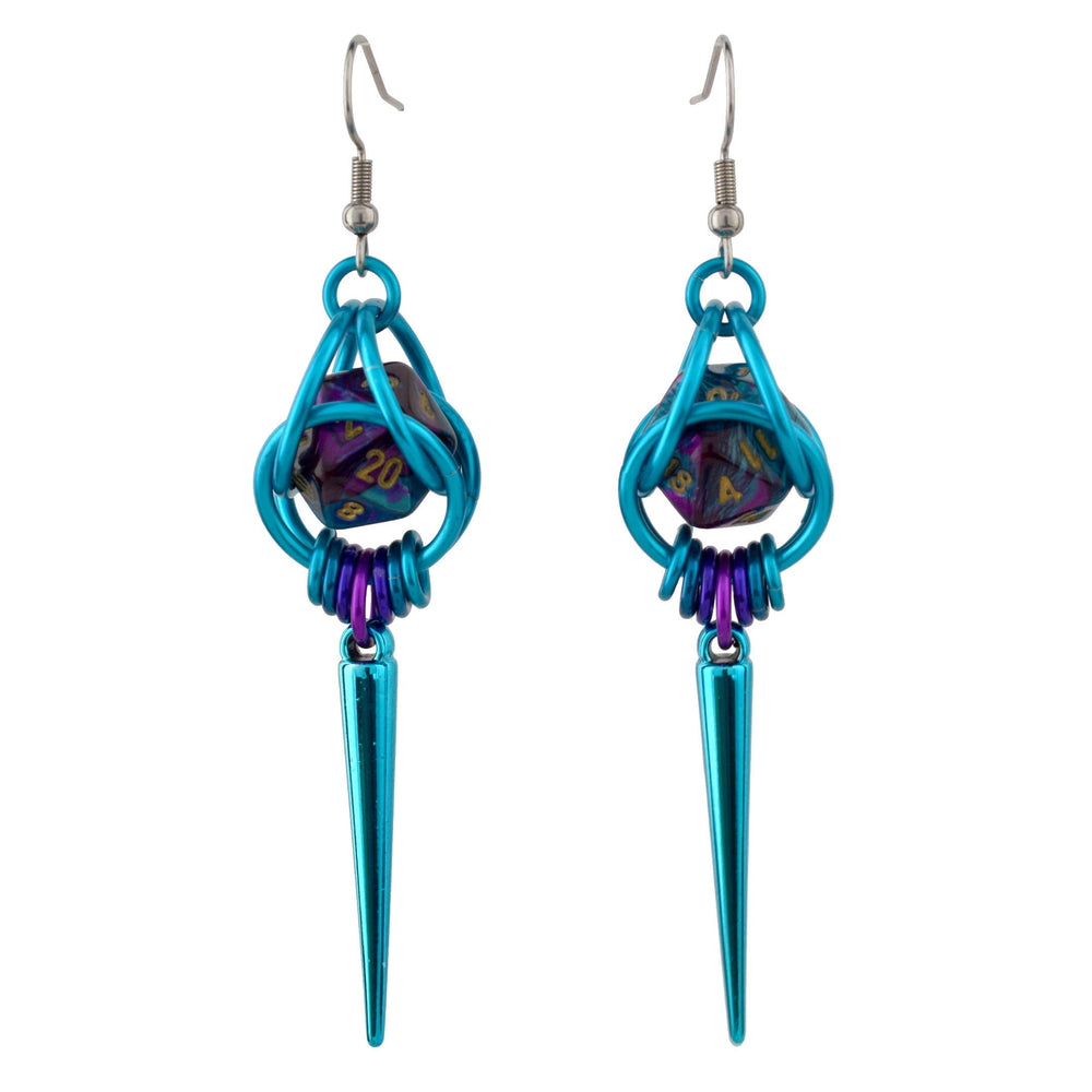 Chainmaille D20 Earrings - Purple & Turquoise Spike