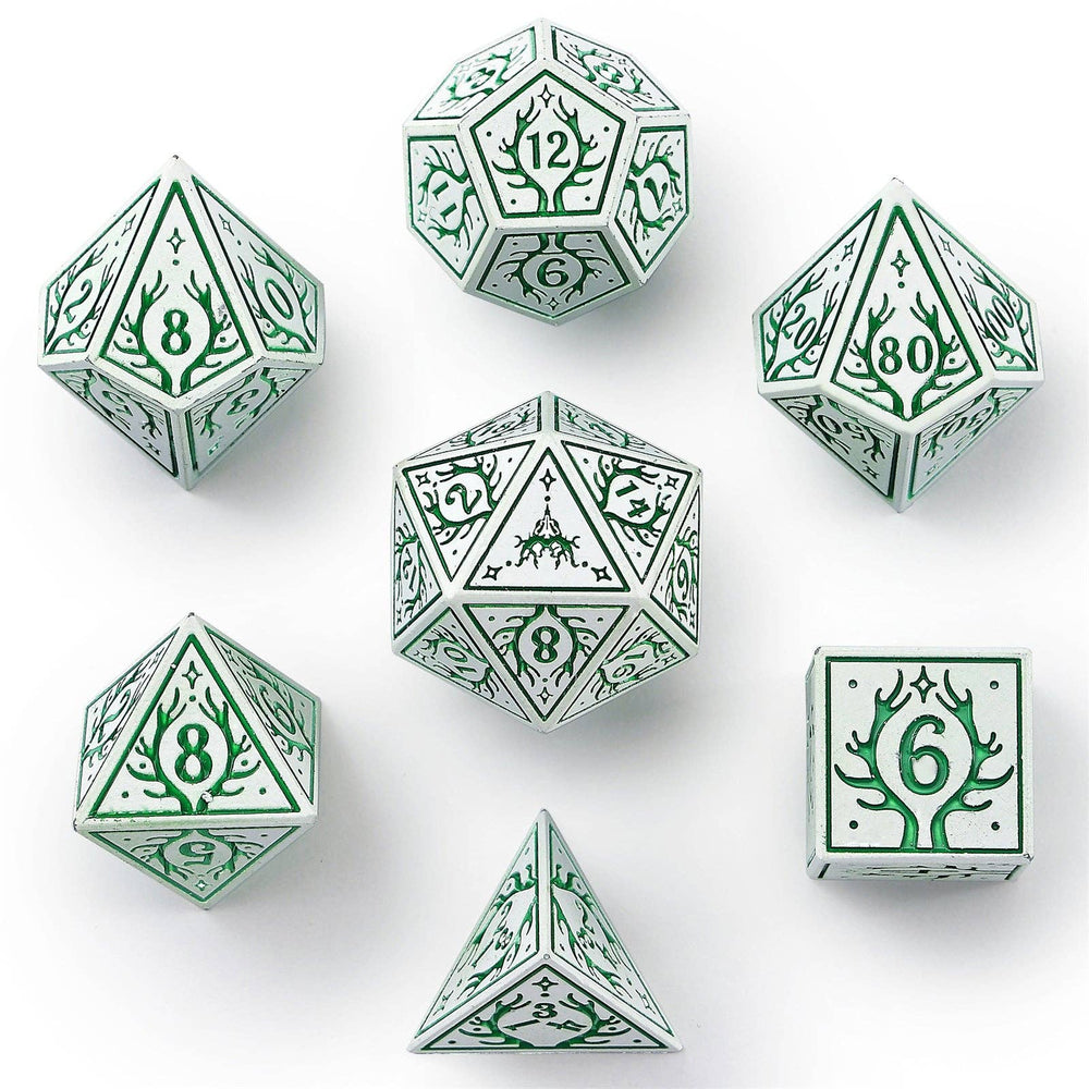 Metal RPG Dice set - Druid Class (White w/Green)