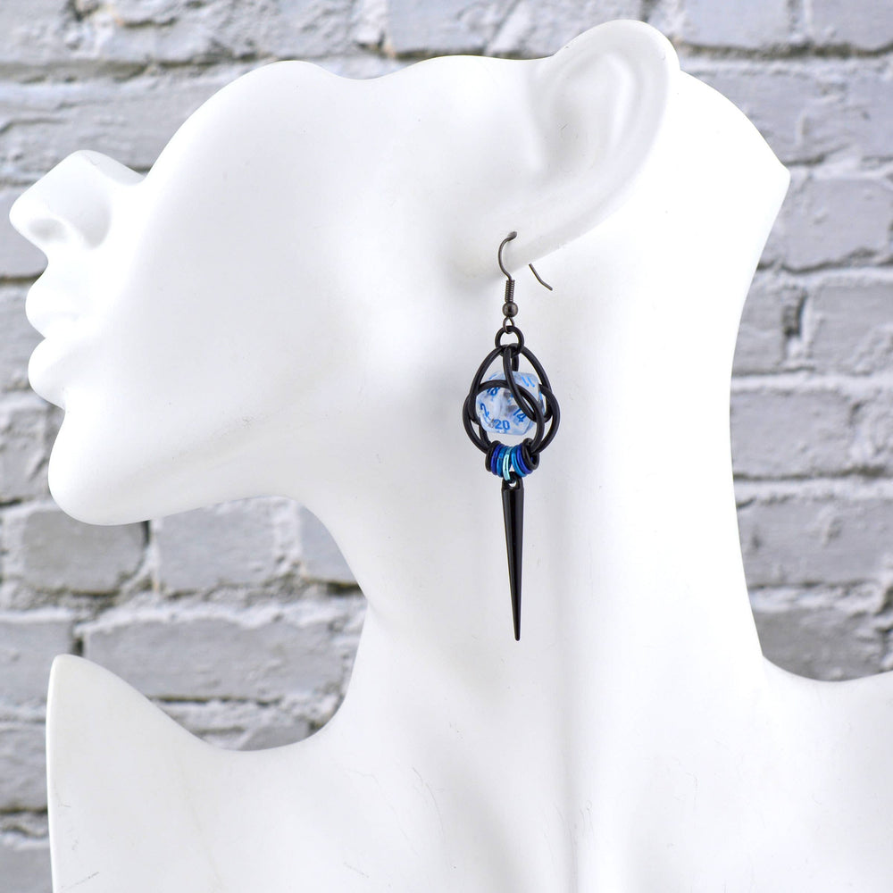 Chainmaille D20 Earrings - Black Gunmetal Spike