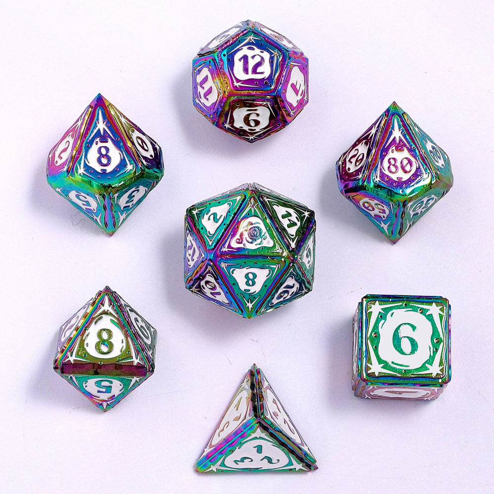 Metal RPG Dice Set - Sorcerer Class (Rainbow w/White)