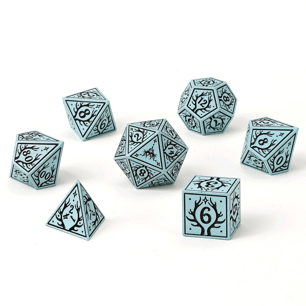 Metal RPG Dice Set - Druid Class (Pale Cyan w/Black)