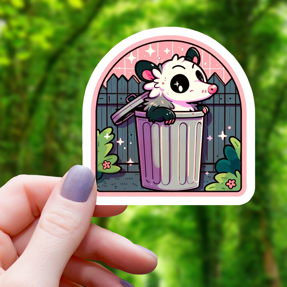 Vinyl Sticker - Pink Opossum in Trash Can