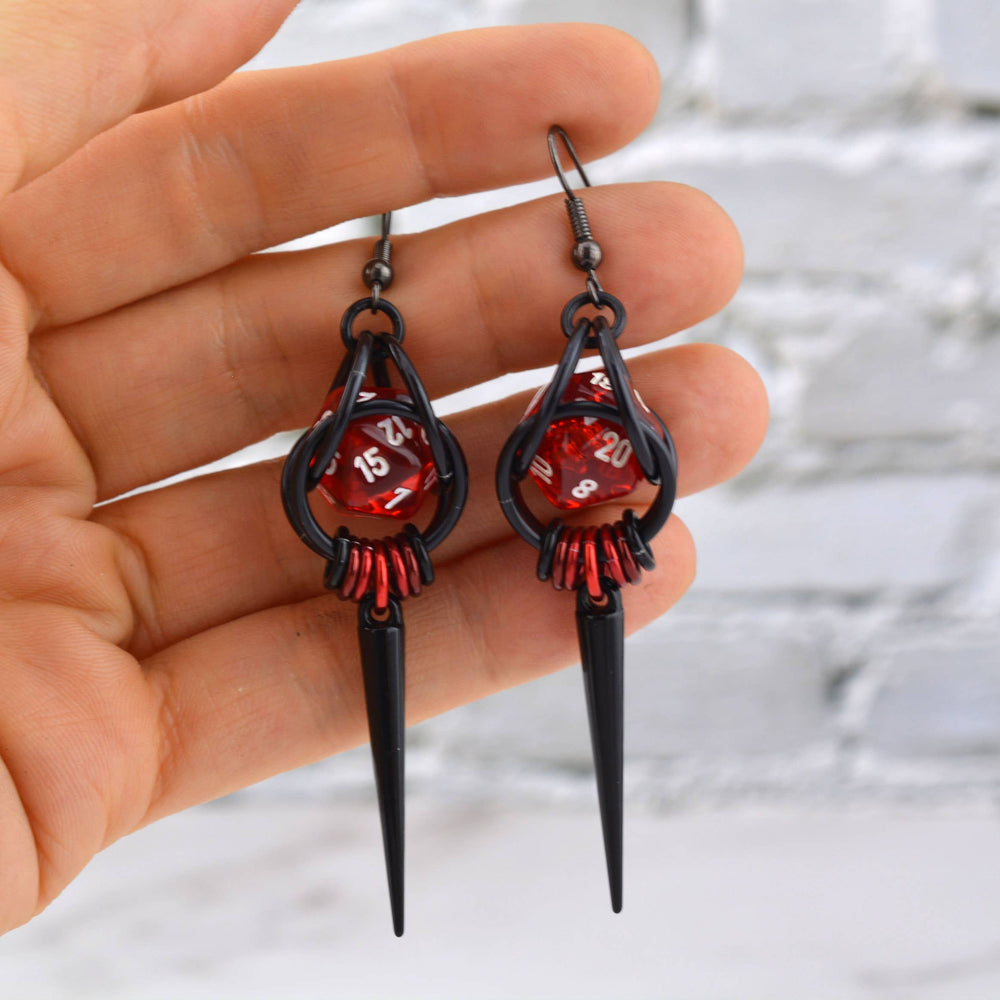 Chainmaille D20 Earrings - Red & Black Spike