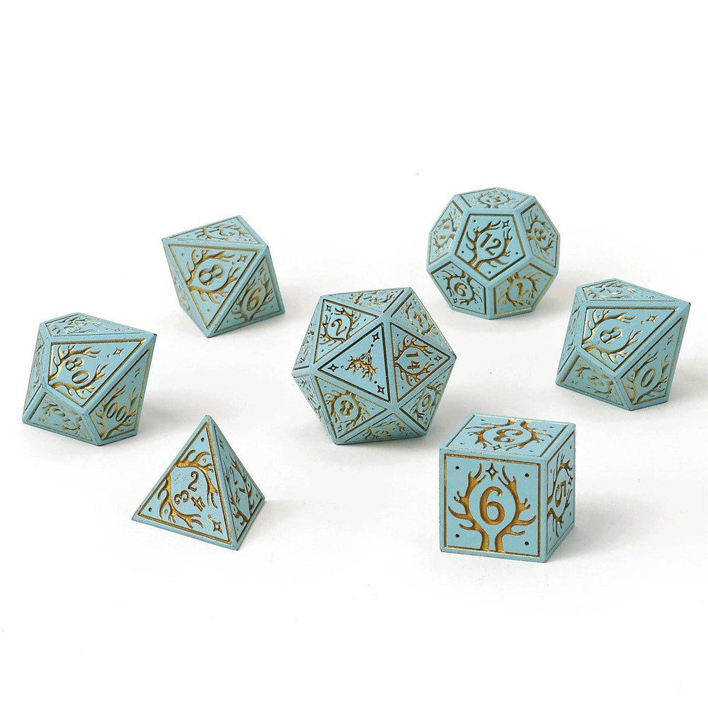 Metal RPG Dice Set - Druid Pale Cyan & Gold