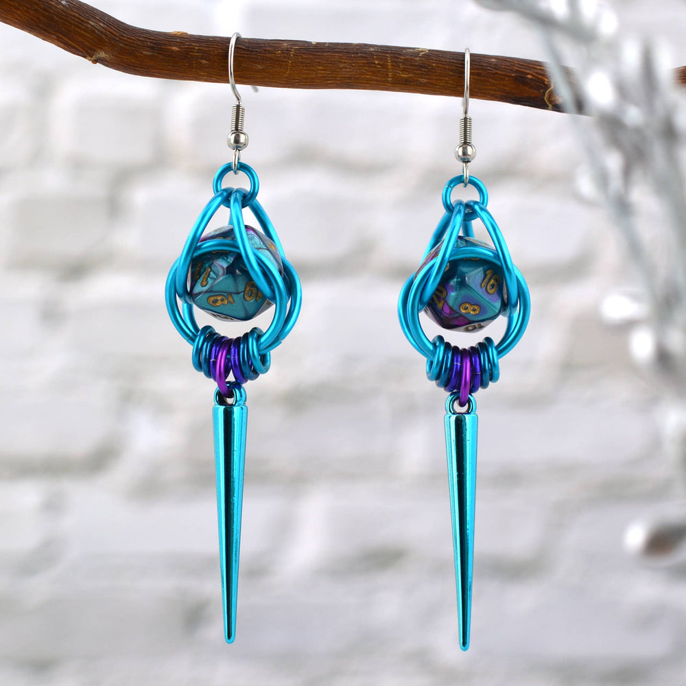 Chainmaille D20 Earrings - Purple & Turquoise Spike