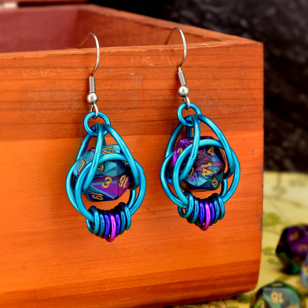 Chainmaille D20 Earrings - Purple & Turquoise