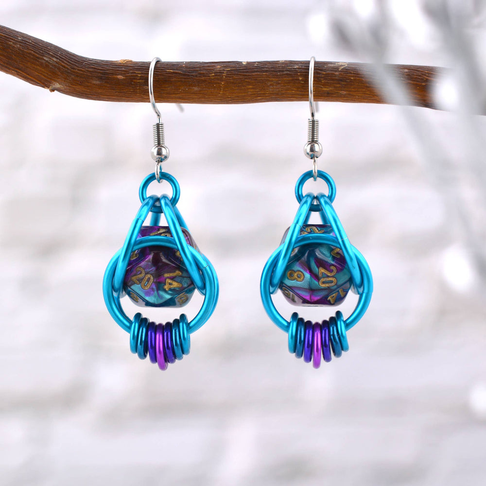 Chainmaille D20 Earrings - Purple & Turquoise