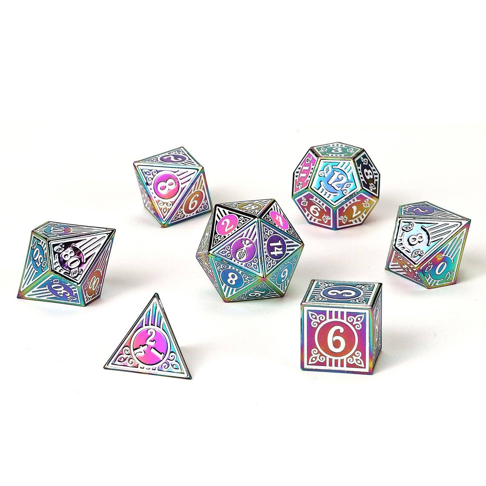 Metal RPG Dice Set - Bard Rainbow & White