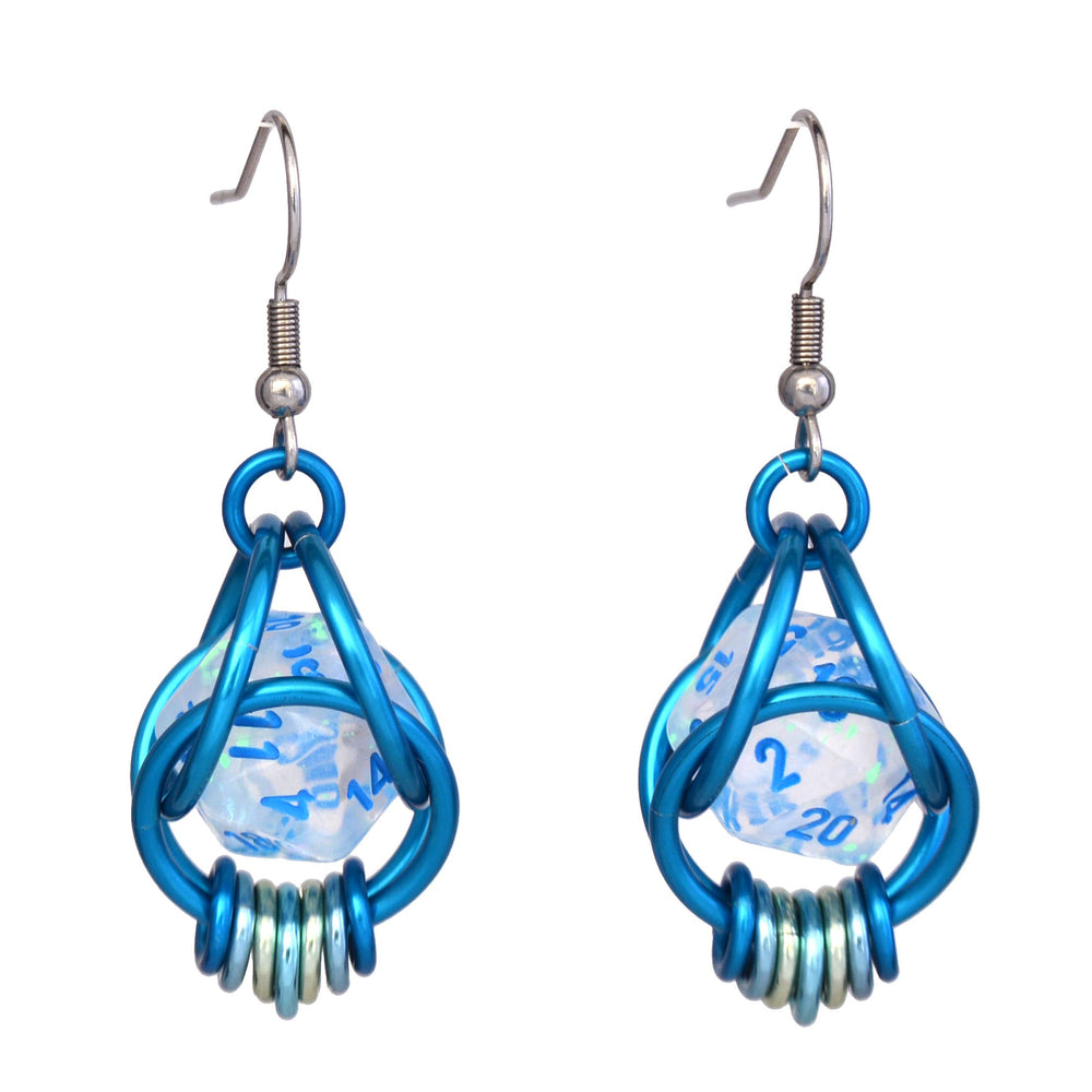 Chainmaille D20 Earrings - Clear Blue Shimmer