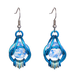 Chainmaille D20 Earrings - Clear Blue Shimmer