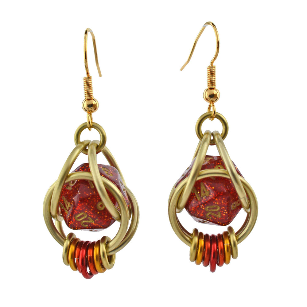 Chainmaille D20 Earrings - Red Glitter Gold