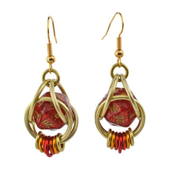 Chainmaille D20 Earrings - Red Glitter Gold