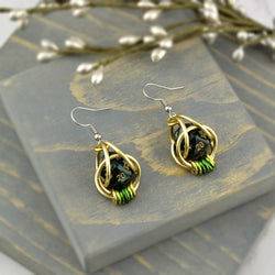 Chainmaille D20 Earrings - Forest Green Gold