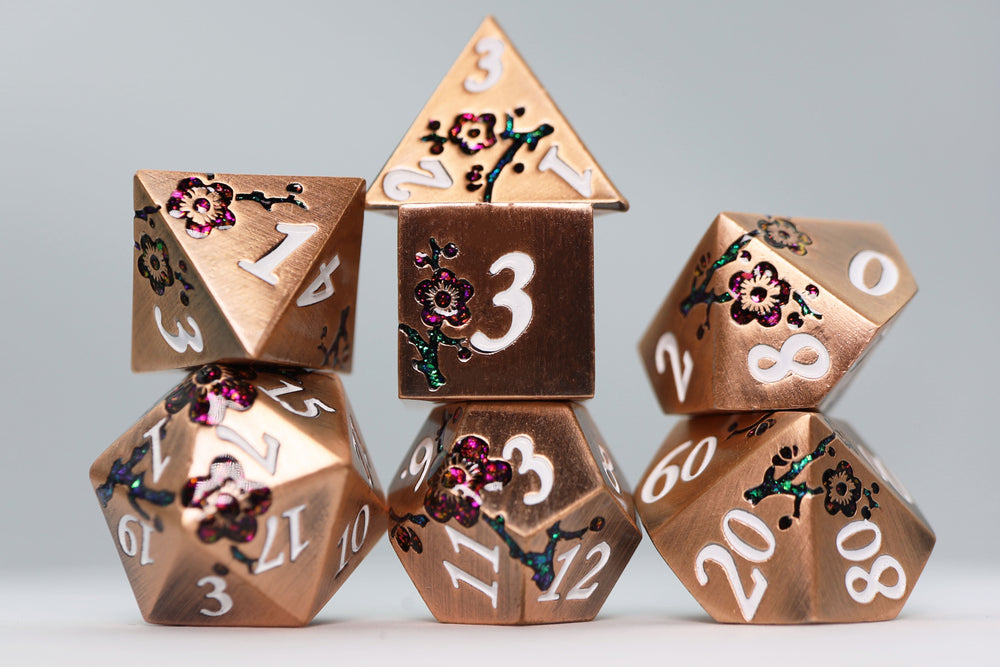Metal RPG Dice Set - Copper with Red Orchids