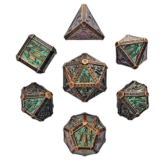 Metal RPG Dice Set - Cryptic Reliquary (Shimmering Green)