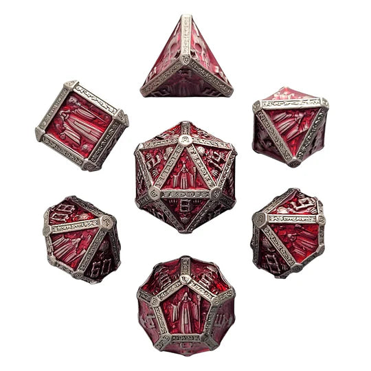 Metal RPG Dice Set - Cryptic Reliquary (Silver/Red)