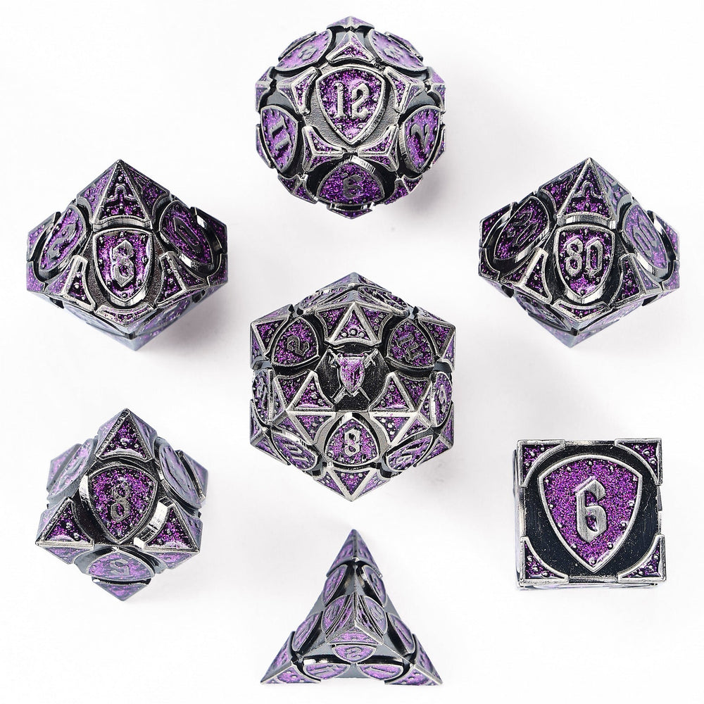 Metal RPG Dice Set - Fighter Silver & Purple Glitter