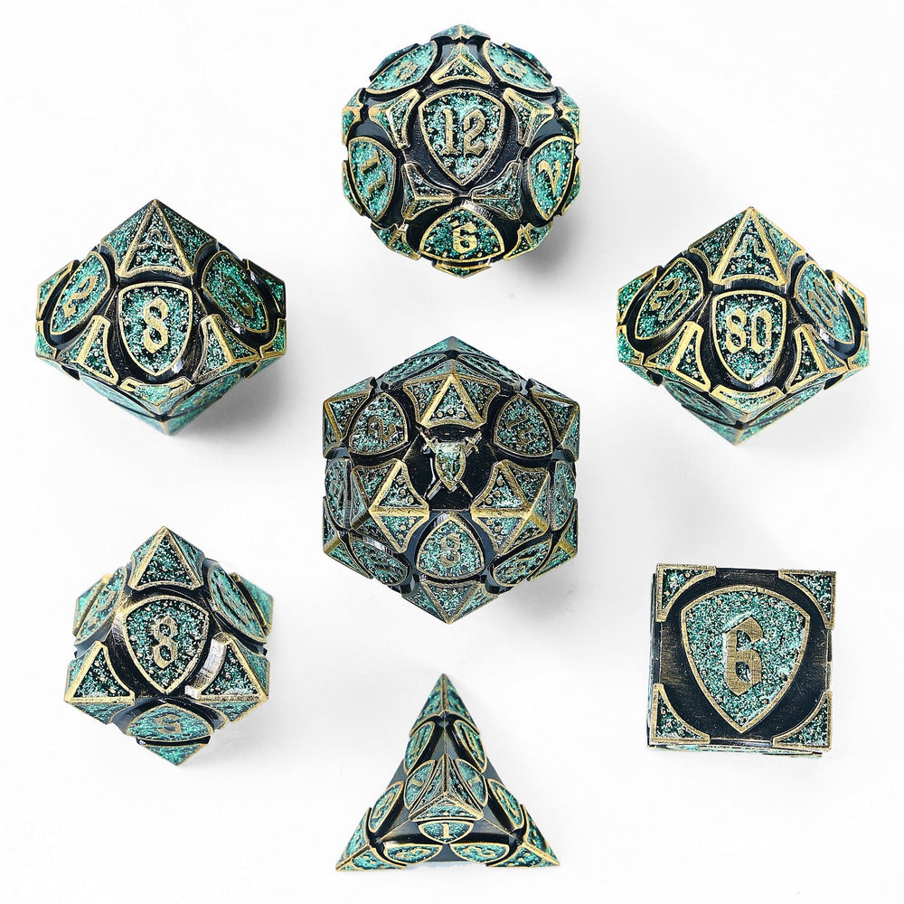 Metal RPG Dice Set - Fighter Bronze & Green Glitter